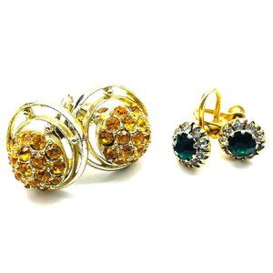 Rhinestone Screw Back Earrings Lot of 2 Gold Tone Simulated Topaz and Emerald